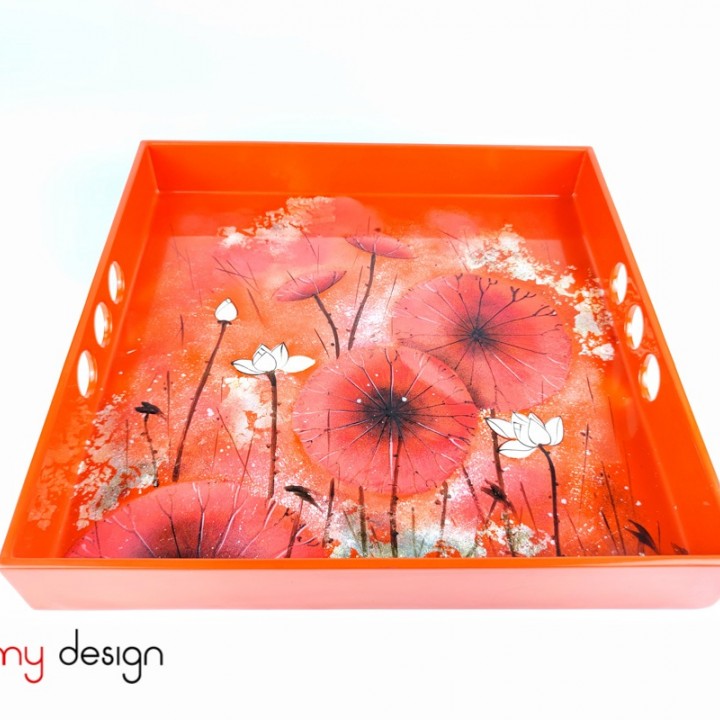 Orange square lacquer tray hand-painted with lotus 32 cm